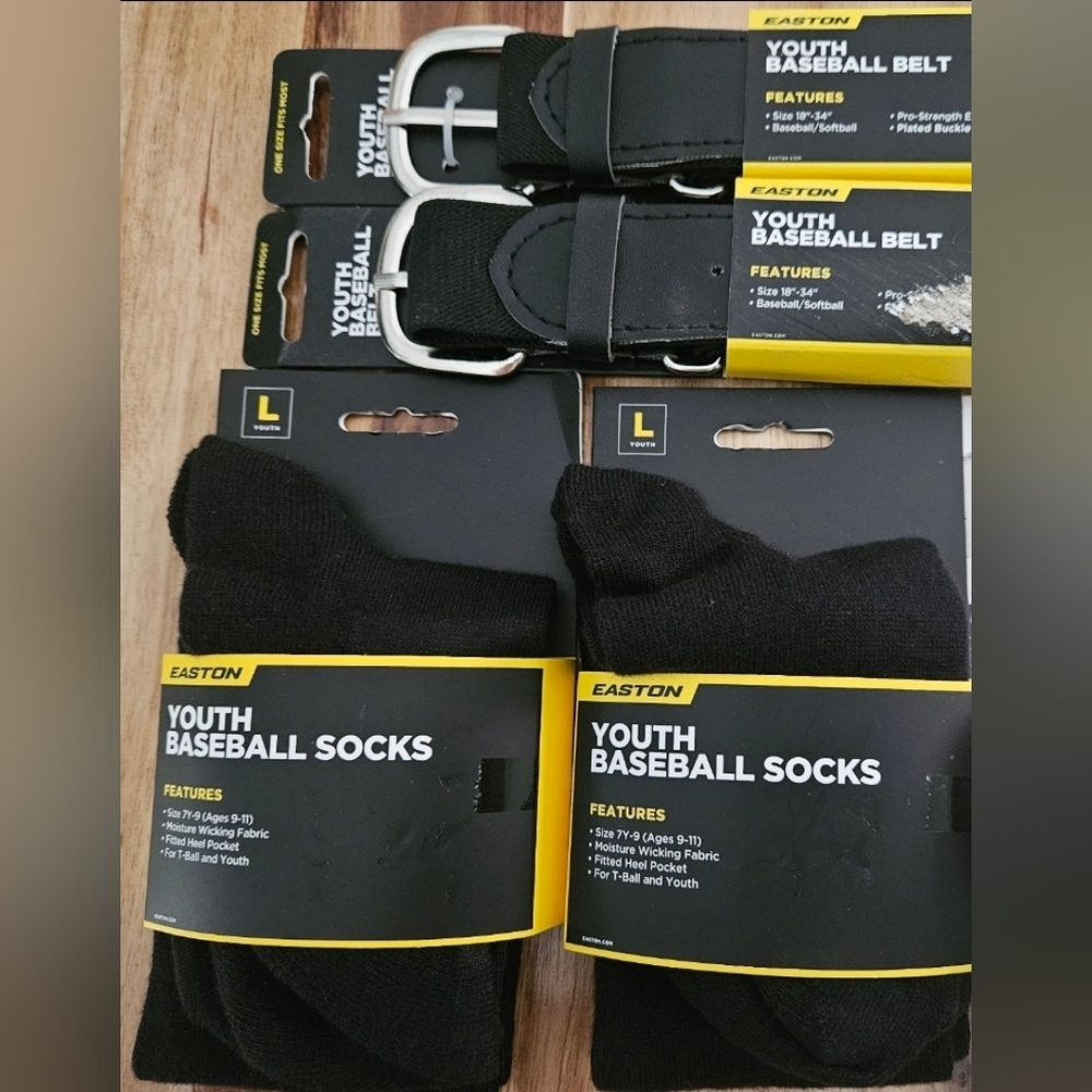 two pairs baseball black Easton youth socks, 2 black Easton youth belts bundle